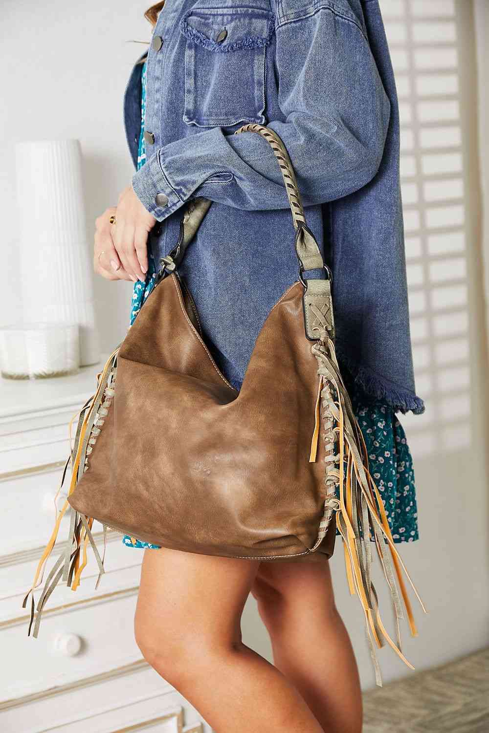 SHOMICO Vegan Leather Fringe Detail Shoulder Bag - Boho Chic with Modern Functionality!