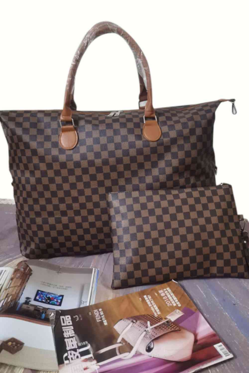 Checkered Two-Piece Tote Bag Set - Professional Polish with Playful Versatility