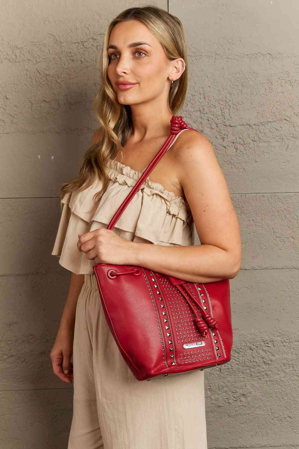 Nicole Lee USA Amy Stylish Leather Studded Bucket Tote Bag - Edgy Style with Effortless Charm!