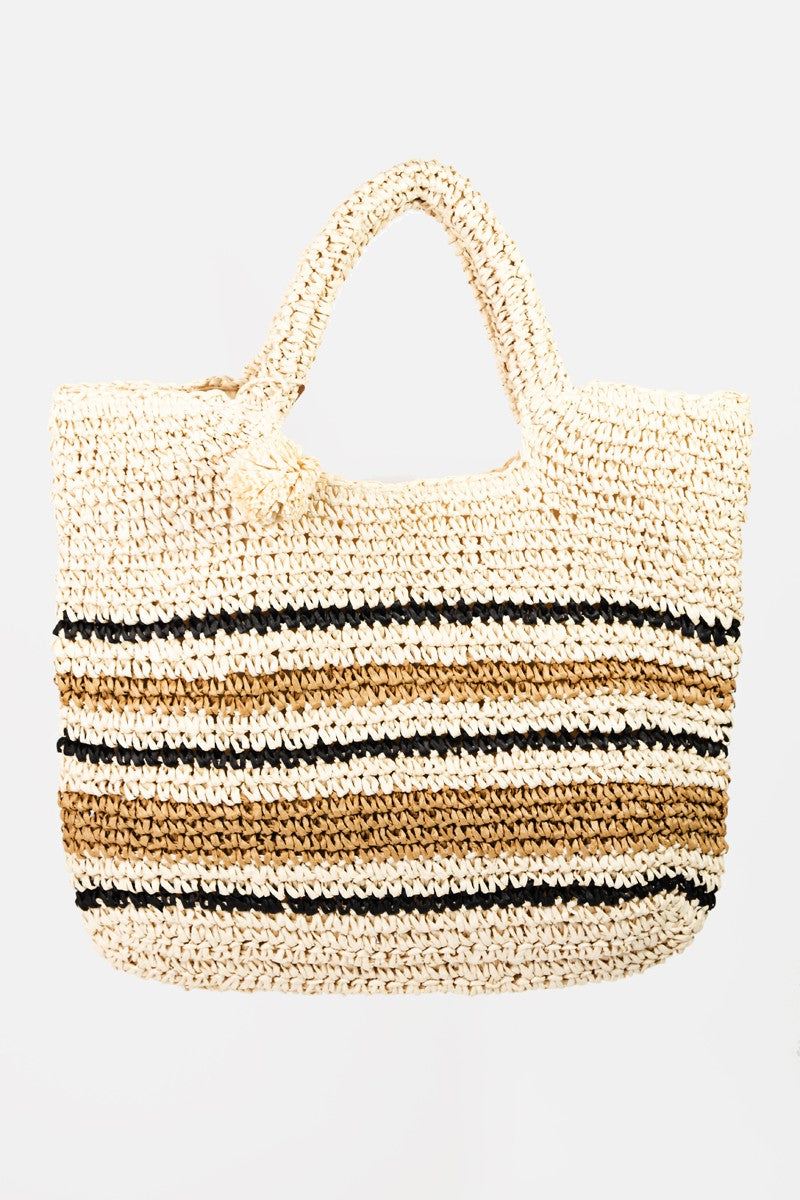 Fame Striped Straw Braided Tote Bag - Spacious Functionality