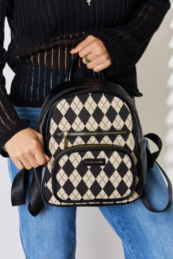 Vegan Leather Backpack with Argyle Pattern and Spacious Compartments