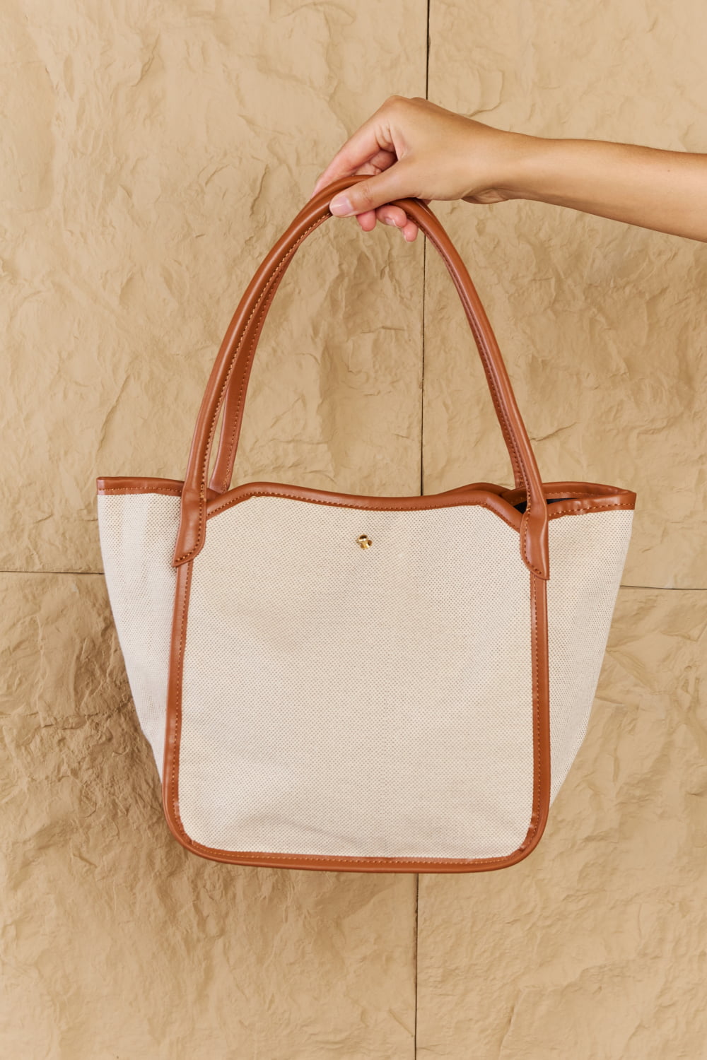 Fame Beach Chic Faux Leather Trim Tote Bag in Ochre - Style that lasts!