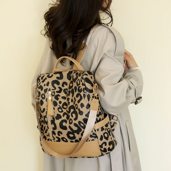 Vegan Leather Leopard Print Backpack with Laptop Sleeve and Pockets