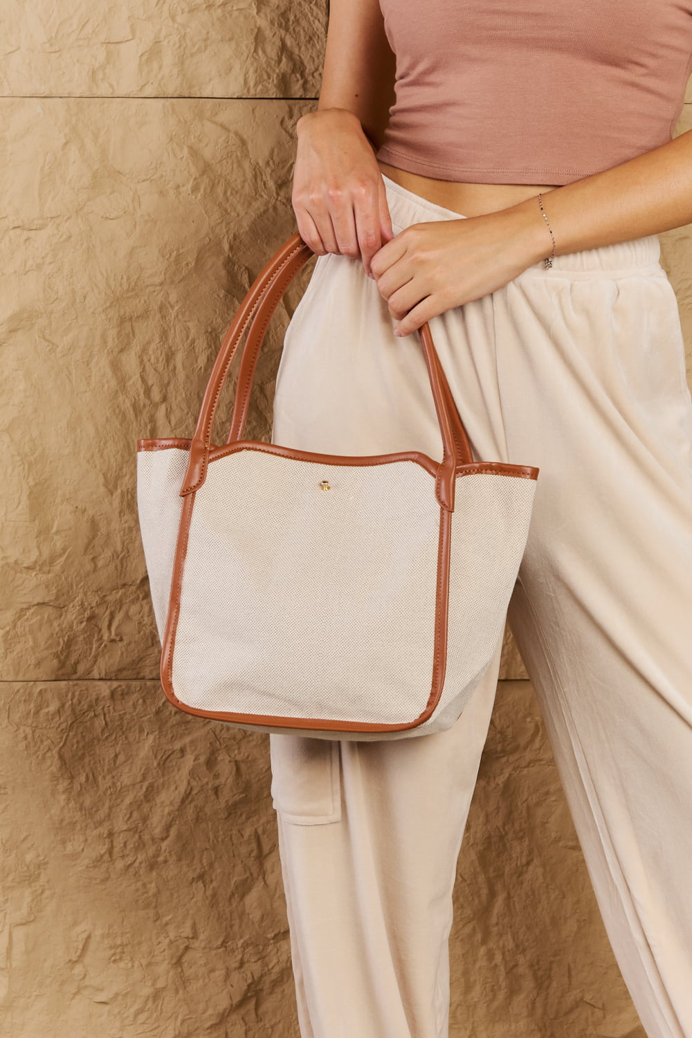 Fame Beach Chic Faux Leather Trim Tote Bag in Ochre - Style that lasts!