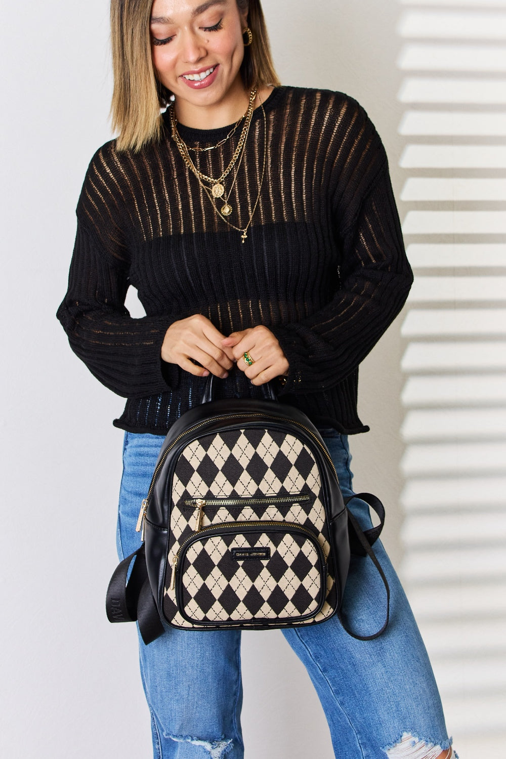 David Jones Argyle Pattern Vegan Leather Backpack - Bold Style Meets Eco-Conscious Design!