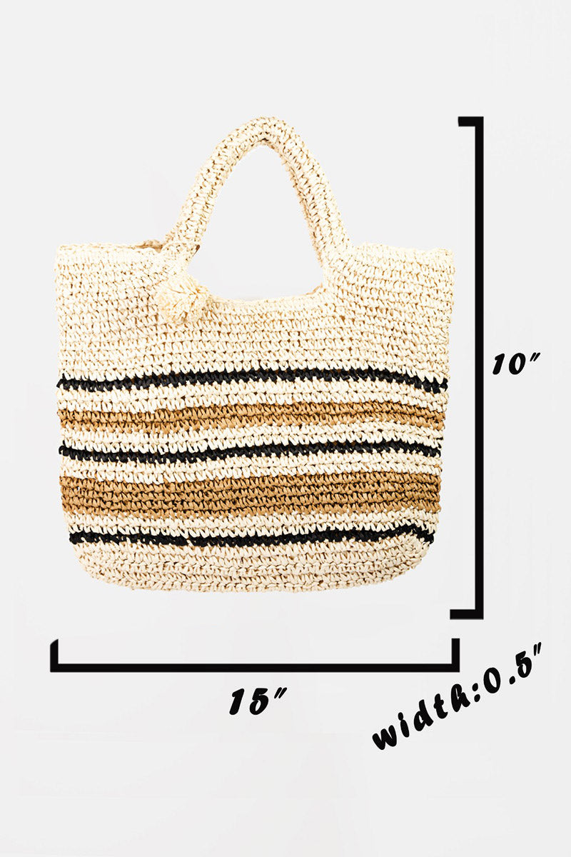 Fame Striped Straw Braided Tote Bag - Spacious Functionality