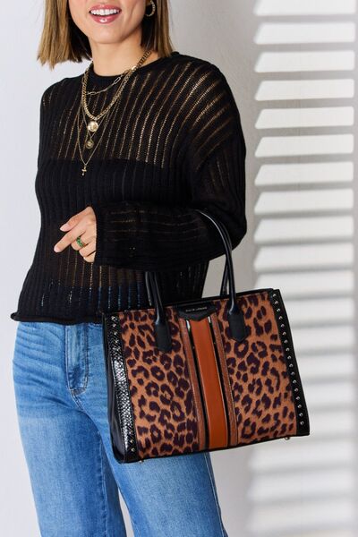 David Jones Leopard Contrast Rivet Vegan Leather Handbag - Unleash Your Wild Side with Sustainable Style