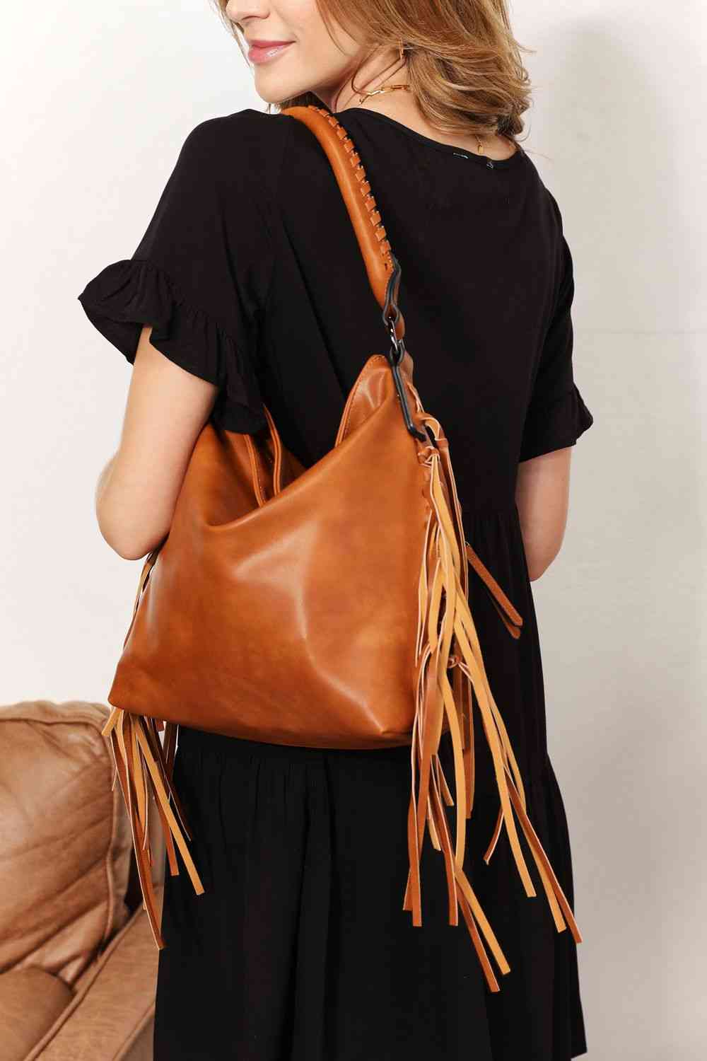 SHOMICO Vegan Leather Fringe Detail Shoulder Bag - Boho Chic with Modern Functionality!