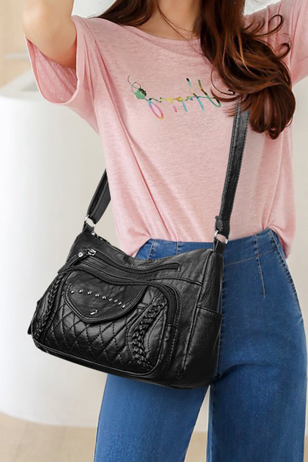 Vegan Leather Stud Detail Shoulder Bag - Edgy Style with Everyday Functionality!